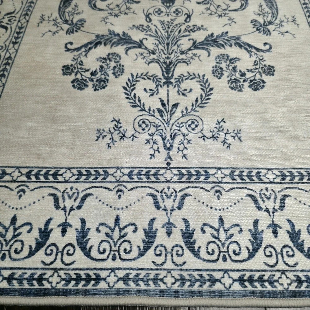 Laura Ashley Aure Blue Beige Floral Border Area Rug Machine Washable 44x25